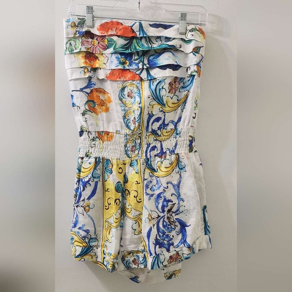 Idillio Positano, Floral Strapless Romper, Size Small, 100 % Linen.
